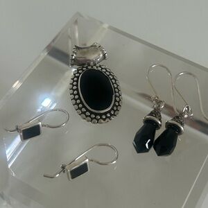 Sterling Silver & Onyx  Pendant and Earrings 3PC Jewelry Set